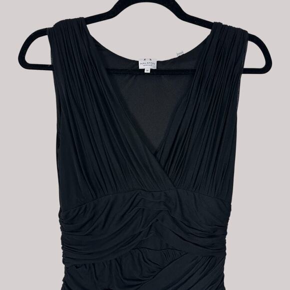 Halston Heritage Black Bodycon Ruched Mock Wrap Black Cocktail Dress (M) - Picture 16 of 16